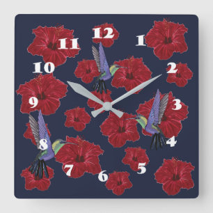 Hummingbirds Hibiscus Floral Art Quadratische Wanduhr