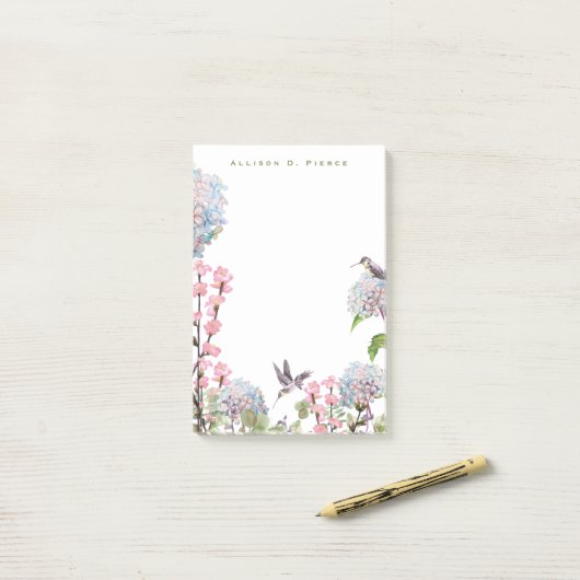 Hummingbirds & Hydrangeas Nature Lover Mit Monogra Post-it Klebezettel (Auf Schreibtisch)