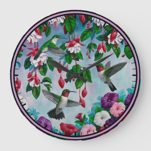 Hummingbirds in Fuchsia Flower Garden Große Wanduhr (Vorderseite)