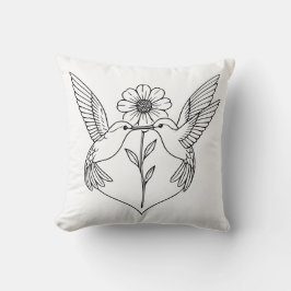 Hummingbirds in Heart Shape with Flower Line Art Kissen