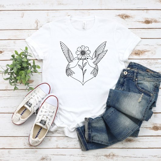 Hummingbirds in Heart Shape with Flower Line Art T-Shirt