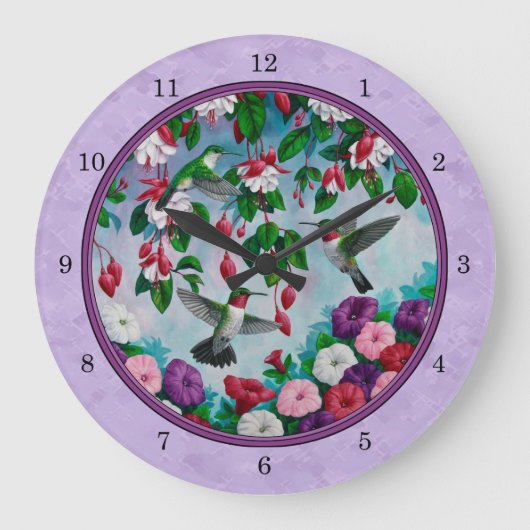 Hummingbirds Pink Fuchsia Blume Lavendel Große Wanduhr (Vorderseite)