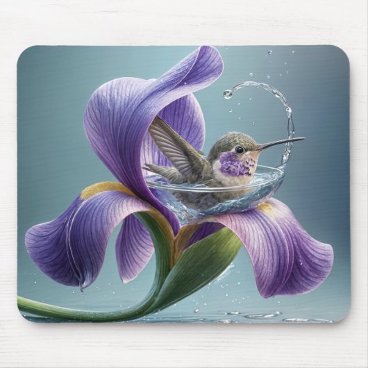 Hummingvogel baden in einem Iris-Blossom Mousepad (Vorne)