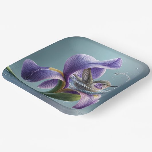 Hummingvogel baden in einem Iris-Blossom Pappteller (Gewinkelt)