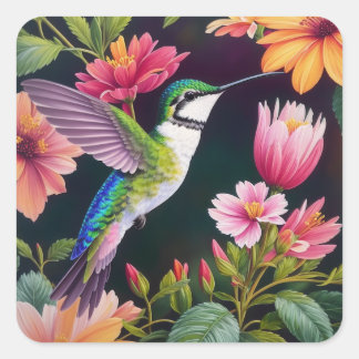 Hummingvogel farbenfrohe Blumenbilder Quadratischer Aufkleber