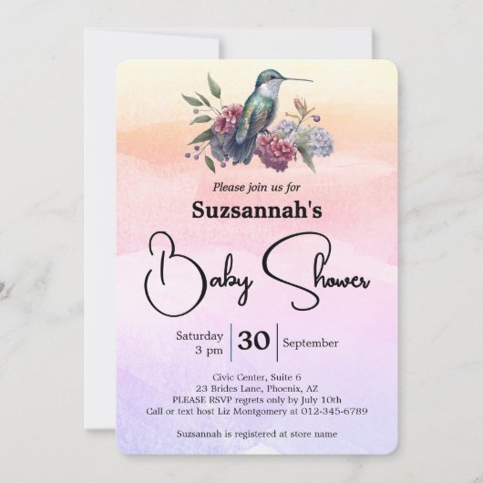 Hummingvogel und Blume auf Wasserfarben Babydusche Einladung (Vorderseite)