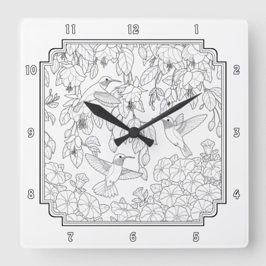 Hummingvögel und Blume Erwachsenenfarben Quadratische Wanduhr (Vorderseite)