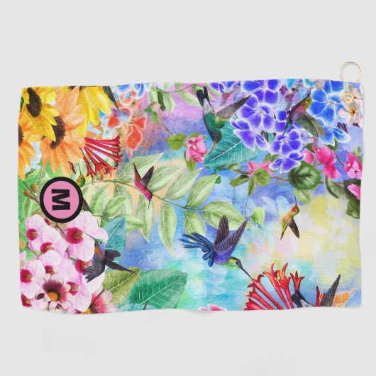 Hummingvögel und Blume Monogramm Golfhandtuch (Horizontal)