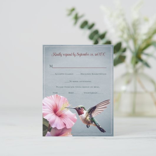 Hummingvogel und Hibiskus | Blue Wedding RSVP Karte (Stehend Vorderseite)