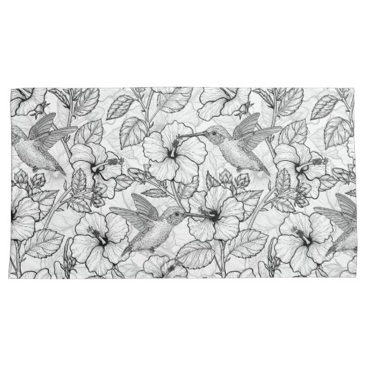 Hummingvögel und Hibiskus Blume b&w Kissenbezug (Vorderseite-Rechts)