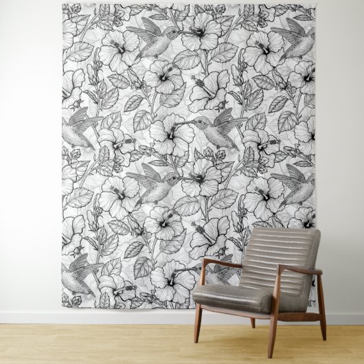 Hummingvögel und Hibiskus Blume b&w Wandteppich (Beispiel)