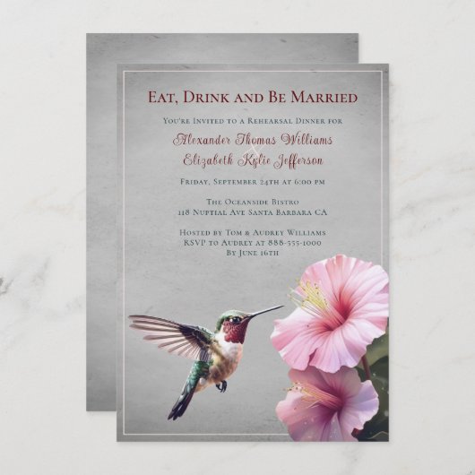 Hummingvogel und Hibiskus | Graues Probe Abendesse Einladung (Vorne/Hinten)