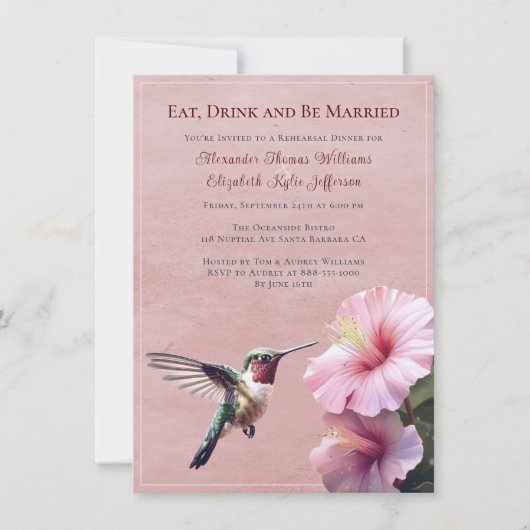 Hummingvogel und Hibiskus | Rosa Probe Abendessen Einladung (Vorderseite)