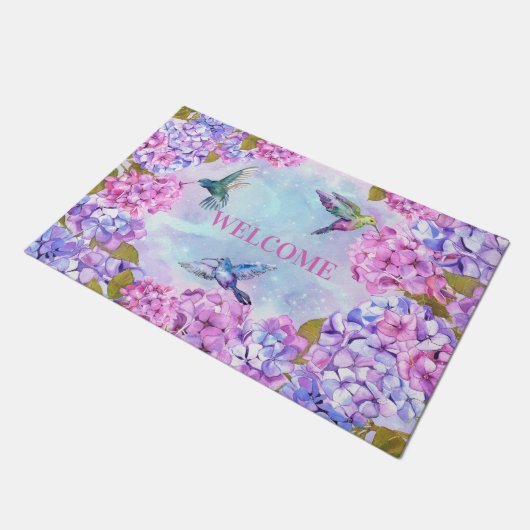 Hummingvögel und Hydrangeas Fußmatte (Schrägansicht)