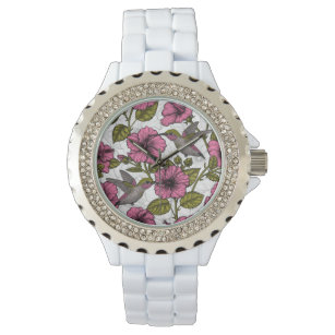 Hummingvögel und rosa Hibiskus Blume Armbanduhr