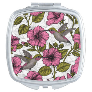 Hummingvögel und rosa Hibiskus Blume Taschenspiegel