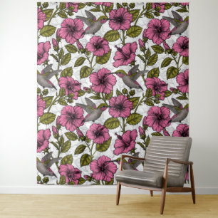 Hummingvögel und rosa Hibiskus Blume Wandteppich