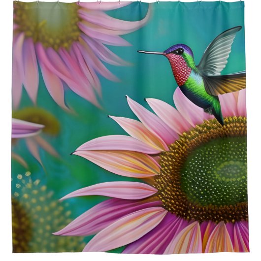 Hummingvogel und rosa Sonnenblumen Duschvorhang (Vorderseite)