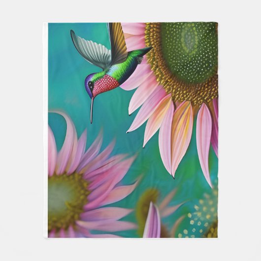 Hummingvogel und rosa Sonnenblumen Fleecedecke (Vorderseite)