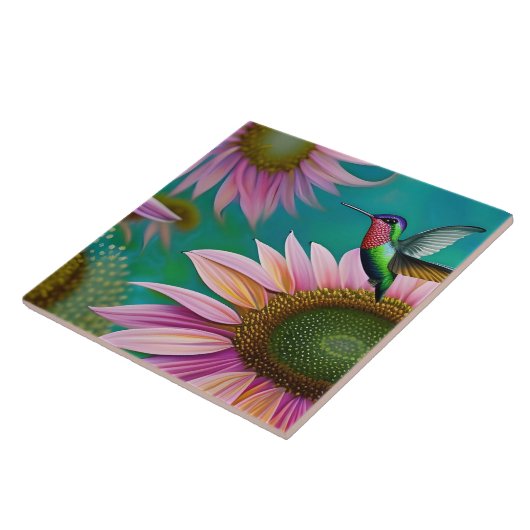 Hummingvogel und rosa Sonnenblumen Fliese (Seite)
