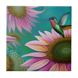 Hummingvogel und rosa Sonnenblumen Fliese