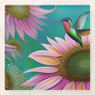 Hummingvogel und rosa Sonnenblumen Glasuntersetzer