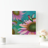 Hummingvogel und rosa Sonnenblumen Quadratische Wanduhr (Zuhause)