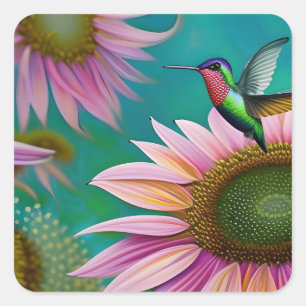 Hummingvogel und rosa Sonnenblumen Quadratischer Aufkleber