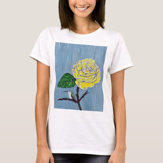 Hummingvogel und Rose in Regenschmerzen T-Shirt (Vorderseite)