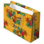 Hummingvögel und tropischer Strauß in Gelb Große Geschenktüte (Vorderseite Schrägansicht)