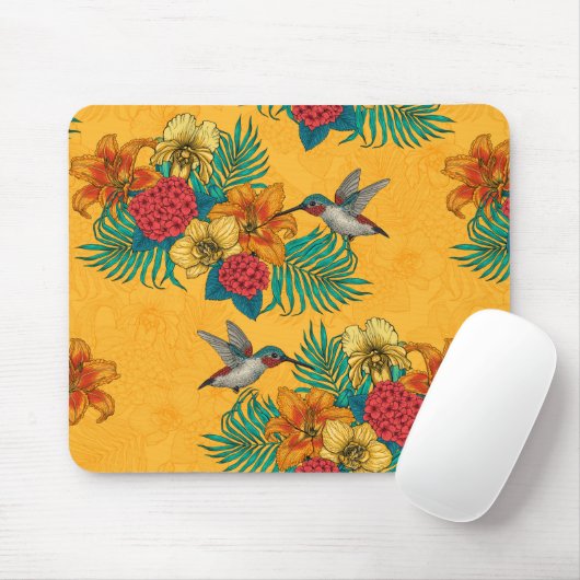 Hummingvögel und tropischer Strauß in Gelb Mousepad (Mit Mouse)