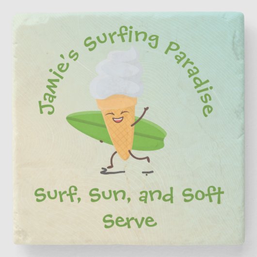 Humoraler Eiscreme-Surfer mit Surfboard-Name-Text Steinuntersetzer (Vorderseite)