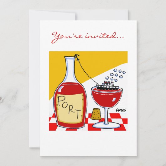 Humoraler Port Wein Cartoon Degustation oder Bon V Einladung (Vorderseite)