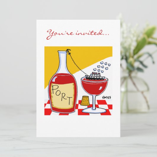 Humoraler Port Wein Cartoon Degustation oder Bon V Einladung (Stehend Vorderseite)