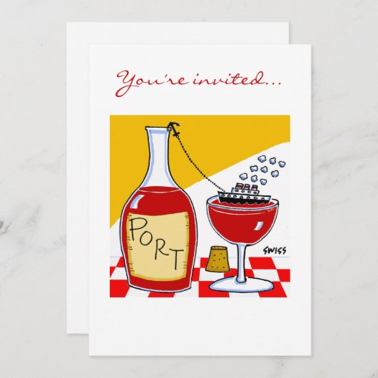 Humoraler Port Wein Cartoon Degustation oder Bon V Einladung (Vorne/Hinten)