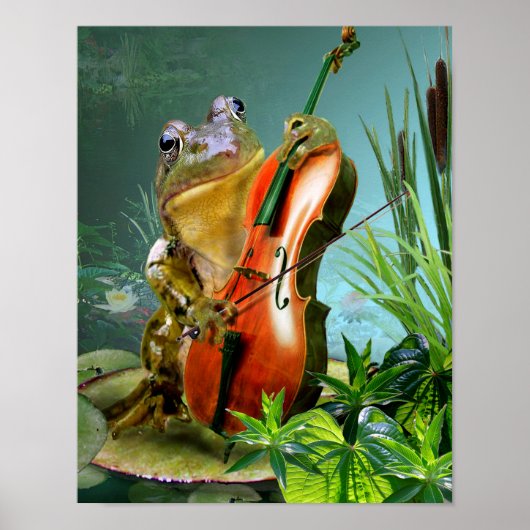 Humorer Szene Frosch spielt Cello in Lilienteich Poster (Vorne)