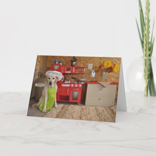 Humorous birthday card, dog dressed as chef. karte (Vorderseite)