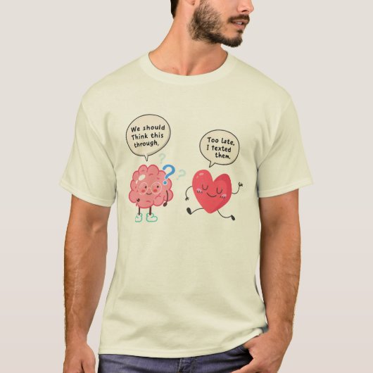 Humorous Brain vs Heart Cartoon, Overthinker Humor T-Shirt (Vorderseite)