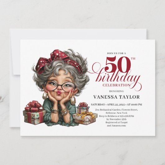 Humorous lady turning fifty quirky party invite einladung (Vorderseite)
