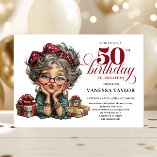 Humorous lady turning fifty quirky party invite einladung