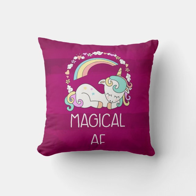 Humorvolle Einhorn-Zauber-AF auf dunkelrotem Muste Kissen (Vorderseite)