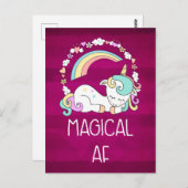Humorvolle Einhorn-Zauber-AF auf dunkelrotem Muste Postkarte (Vorne/Hinten)