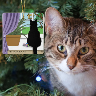 Humorvolle Grüne Neugierige Schwarze Katze Fenster Keramikornament
