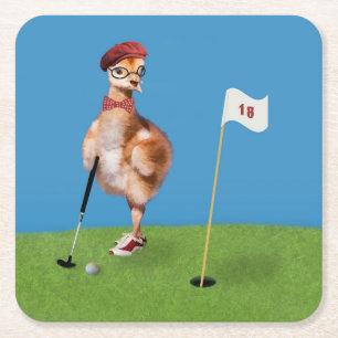 Humorvoller Vogel, der Golf spielt Rechteckiger Pappuntersetzer