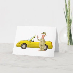 Humorvolles gelbes Auto mit Retro-Gentleman Dankeskarte