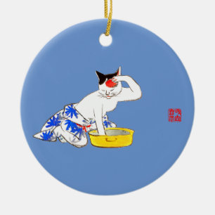 Humorvolles japanisches Katzenbaden I Keramik Ornament