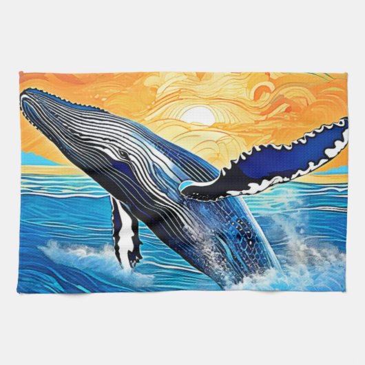 Humpback-Sonnenuntergangs-Sprung-Kunst Geschirrtuch (Horizontal)