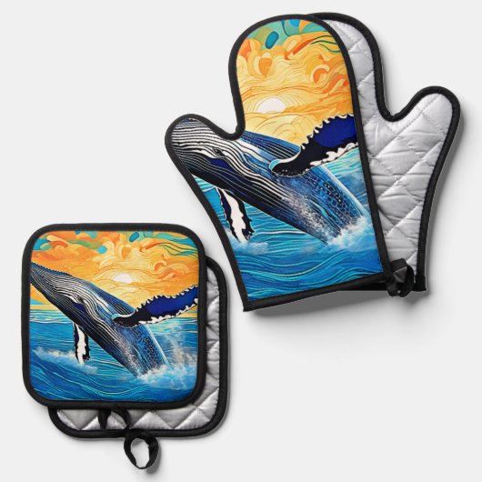 Humpback Sunset Leap Art Ofenhandschuh & Topflappen-Set (Vorderseite/Rückseite)