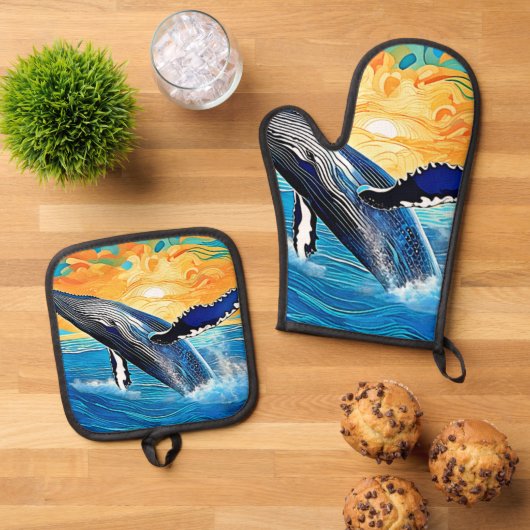 Humpback Sunset Leap Art Ofenhandschuh & Topflappen-Set (Oben Unten)