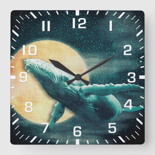 Humpback Whale Flying to The Moon Wall Clock Quadratische Wanduhr (Vorderseite)